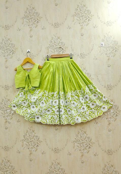 Green Embellished Silk Lehenga Set For Girls — view on Indya