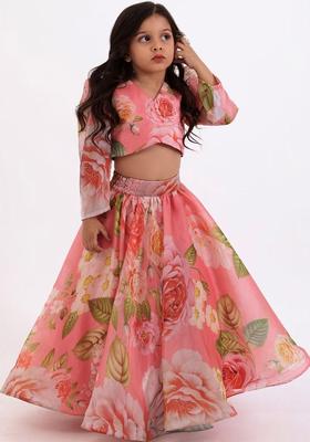 Peach Printed Georgette Lehenga Set For Girls
