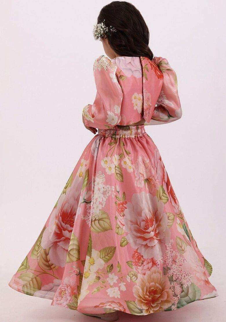 Peach Printed Georgette Lehenga Set For Girls - Indya