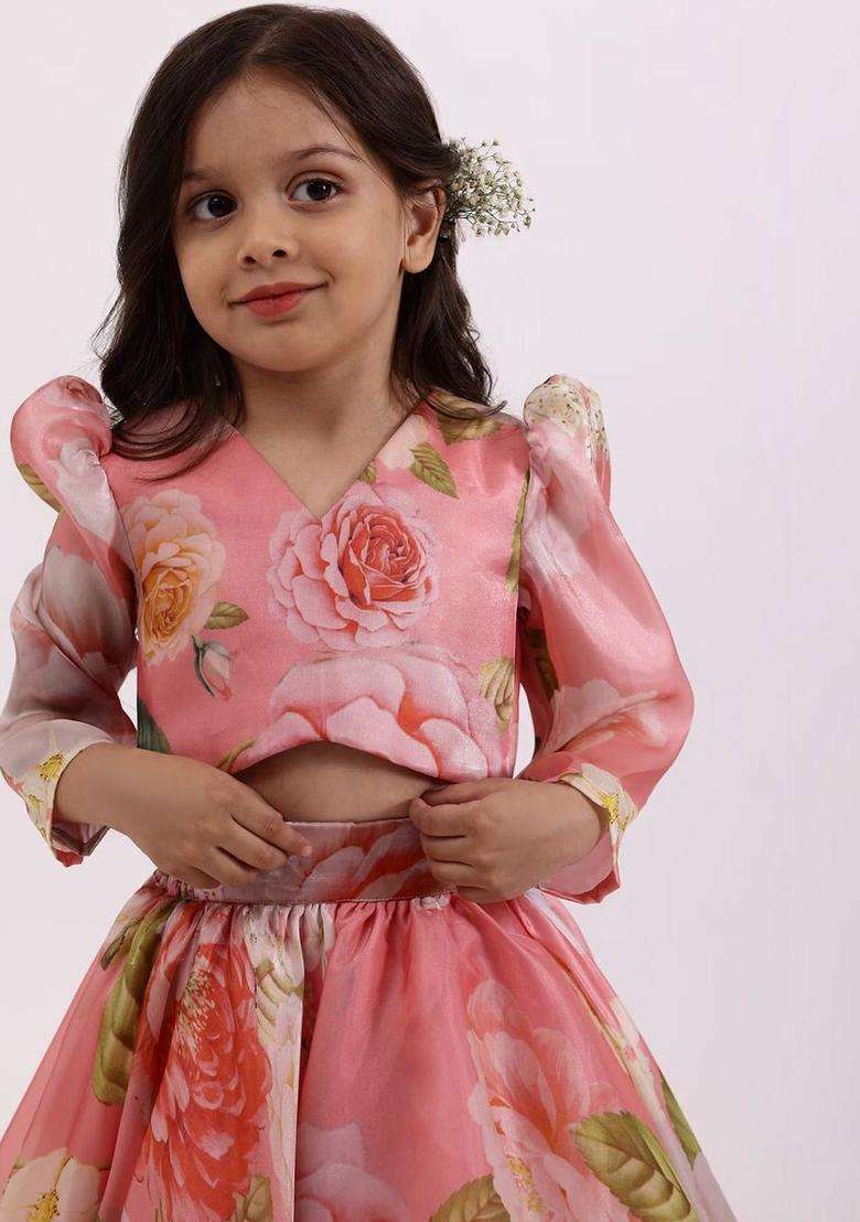 Peach Printed Georgette Lehenga Set For Girls - Indya