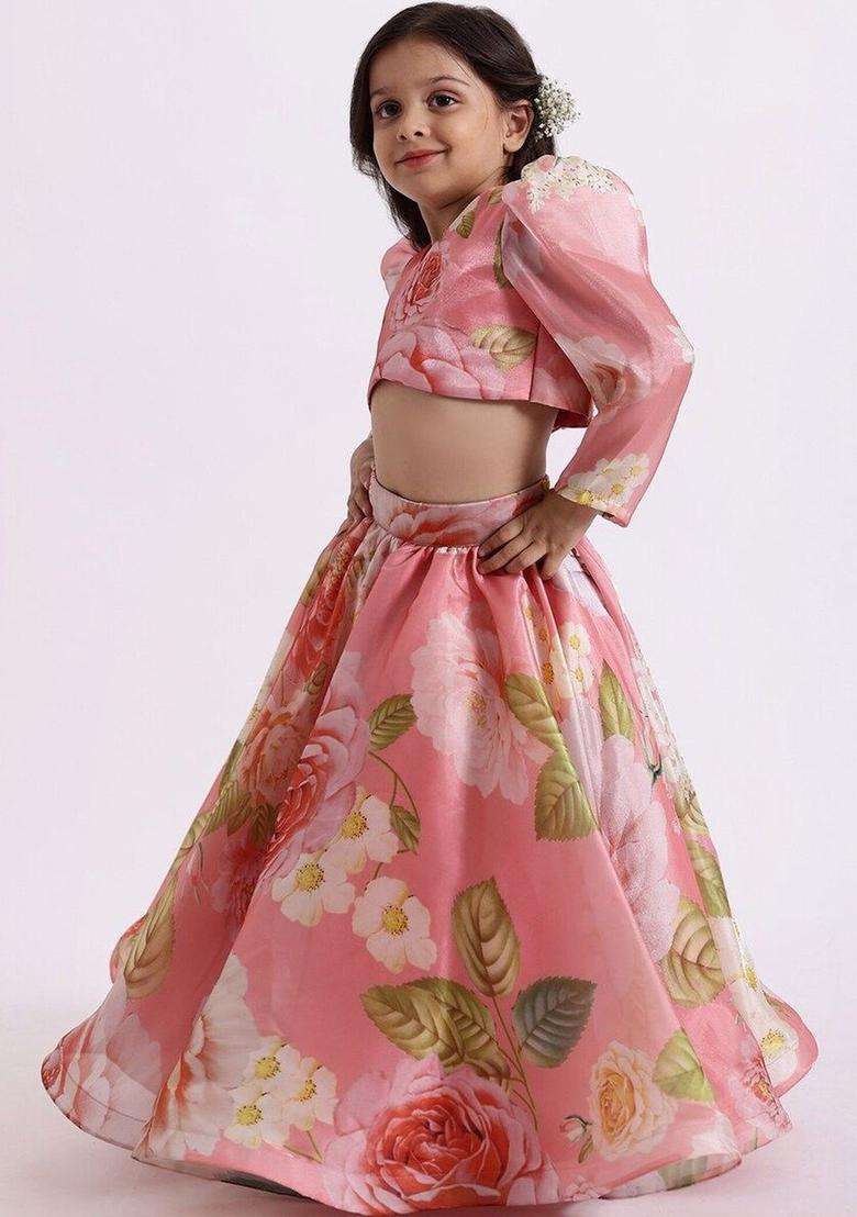 Peach Printed Georgette Lehenga Set For Girls - Indya