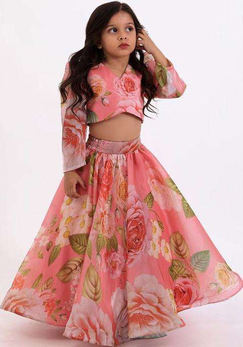Peach Printed Georgette Lehenga Set For Girls