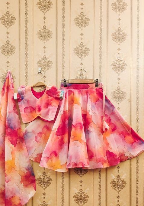 Pink Printed Georgette Lehenga Set For Girls — view on Indya