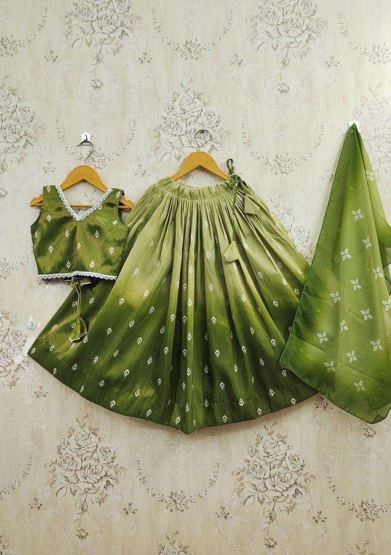 Olive Printed Silk Lehenga Set For Girls - Indya