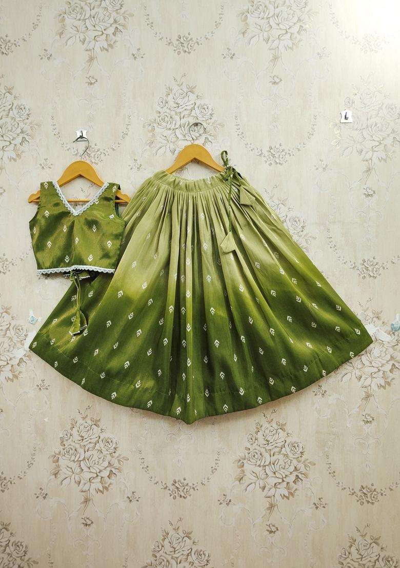 Olive Printed Silk Lehenga Set For Girls - Indya