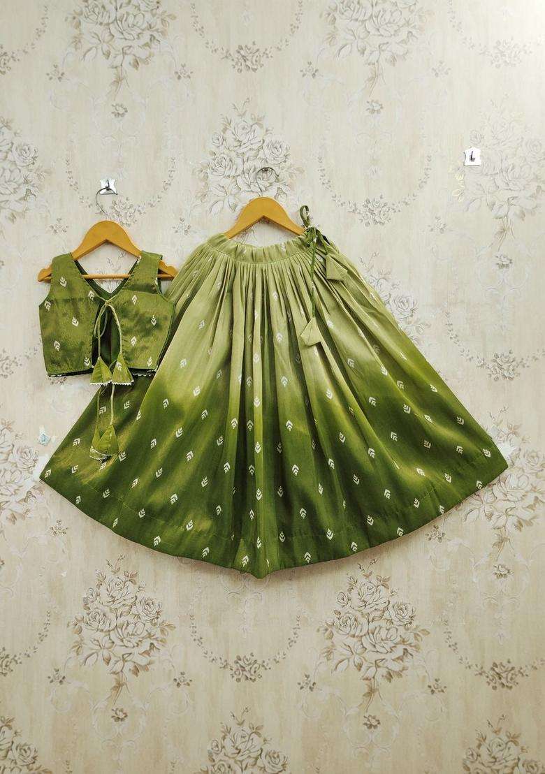 Olive Printed Silk Lehenga Set For Girls - Indya