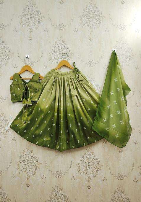 Olive Printed Silk Lehenga Set For Girls