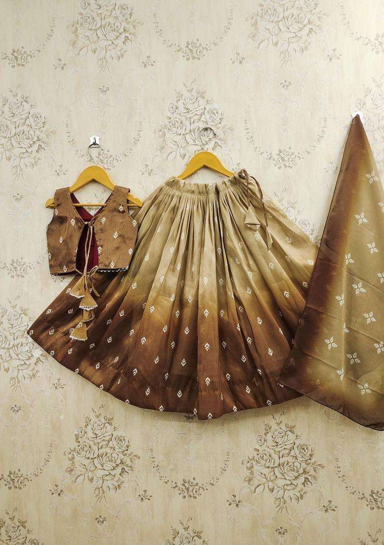 Brown Printed Silk Lehenga Set For Girls - Indya