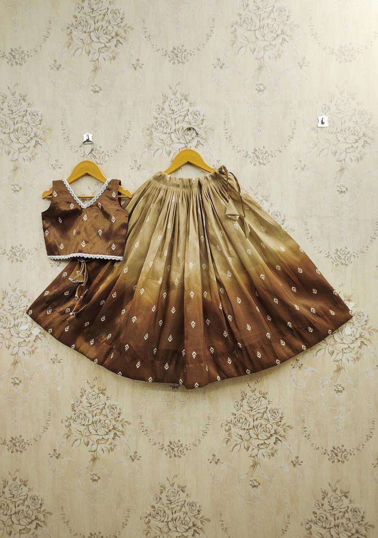 Brown Printed Silk Lehenga Set For Girls - Indya