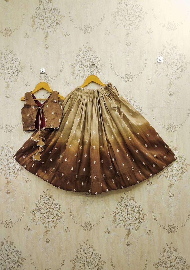 Brown Printed Silk Lehenga Set For Girls - Indya