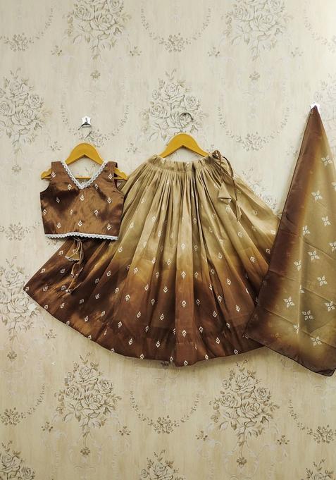 Brown Printed Silk Lehenga Set For Girls — view on Indya