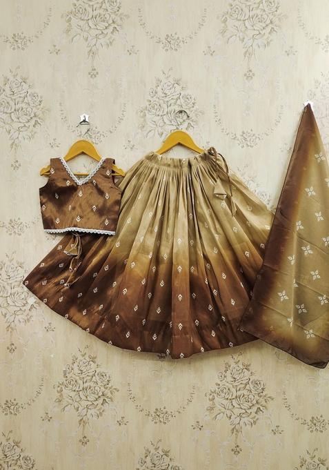 Brown Printed Silk Lehenga Set For Girls — view on Indya