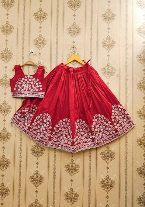 Red Embroidered Silk Lehenga Set For Girls — view on Indya
