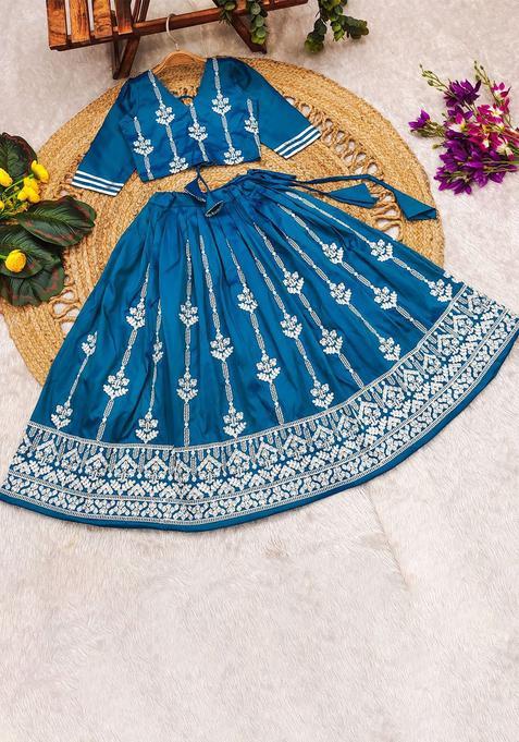 Blue Embroidered Silk Lehenga Set For Girls — view on Indya