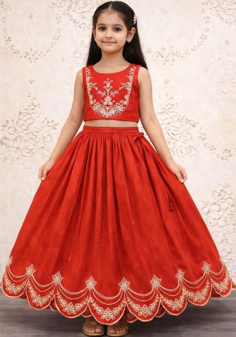 Red Embroidered Cotton Lehenga Set For Girls — view on Indya