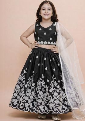 Black Embroidered Silk Lehenga Set For Girls