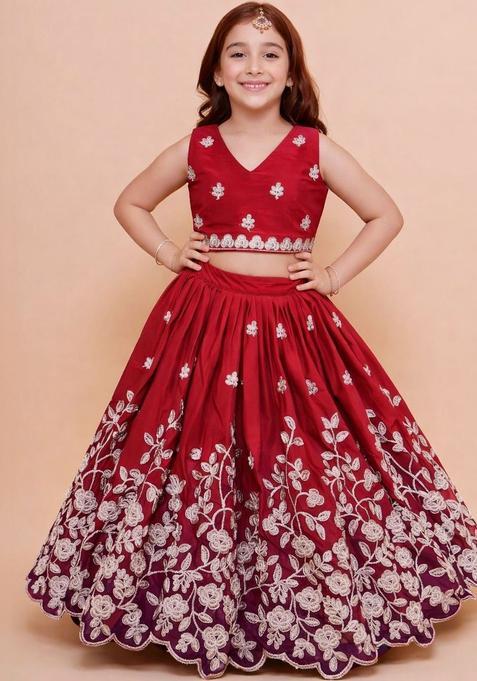 Red Embroidered Silk Lehenga Set For Girls — view on Indya