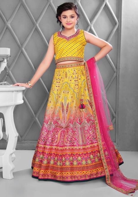 Yellow Printed Silk Lehenga Set For Girls — view on Indya