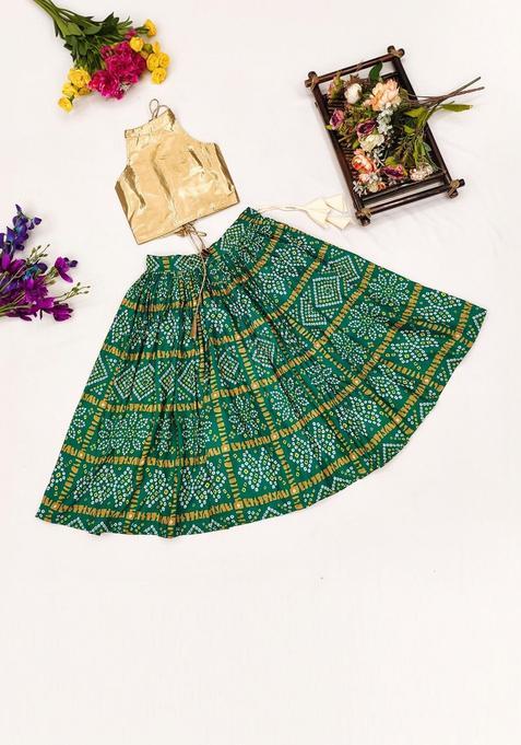 Green Solid Cotton Lehenga Set For Girls — view on Indya