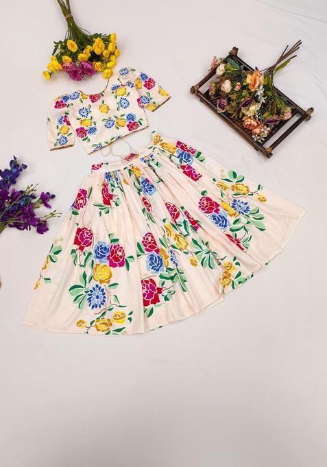 Beige Printed Cotton Lehenga Set For Girls — view on Indya