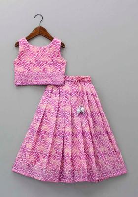 Pink Printed Polyester Lehenga Set For Girls