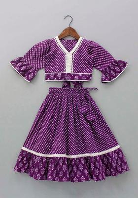 Purple Printed Polyester Lehenga Set For Girls
