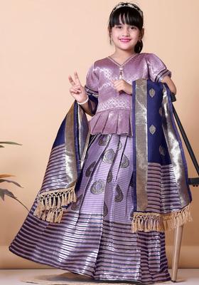 Purple Woven Design Silk Lehenga Set For Girls