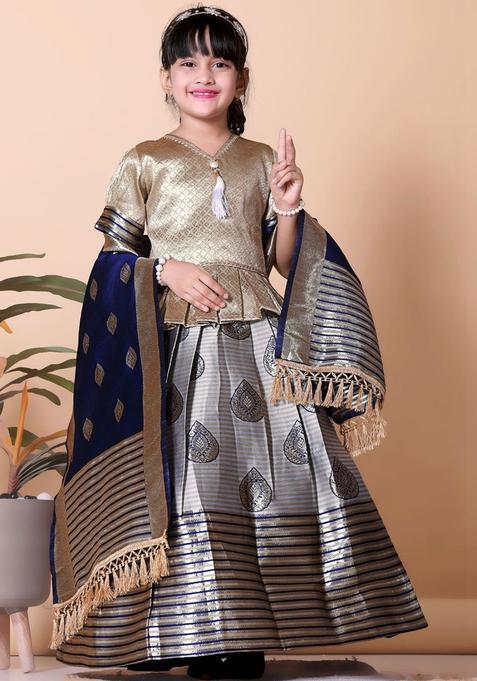Gold Woven Design Silk Lehenga Set For Girls — view on Indya