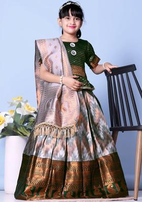Green Woven Design Silk Lehenga Set For Girls