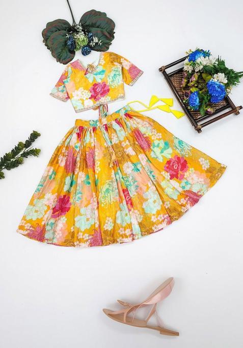Yellow Floral Silk Lehenga Set For Girls — view on Indya