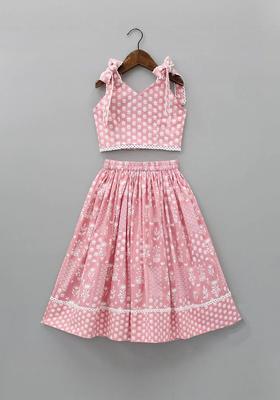 Peach Printed Polyester Lehenga Set For Girls