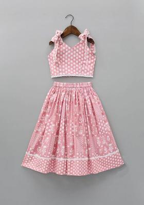 Peach Printed Polyester Lehenga Set For Girls