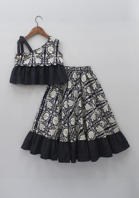 Black Printed Polyester Lehenga Set For Girls — view on Indya
