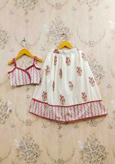 White Printed Cotton Lehenga Set For Girls — view on Indya