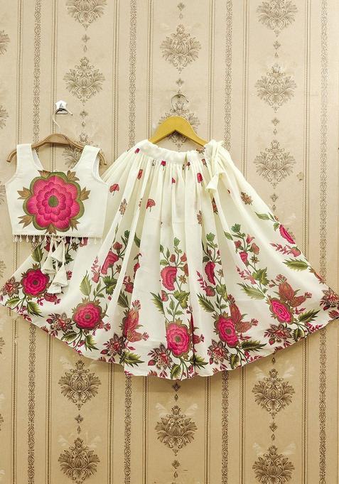 White Printed Silk Lehenga Set For Girls — view on Indya