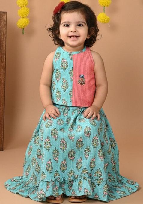 Green Printed Cotton Lehenga Set For Girls — view on Indya