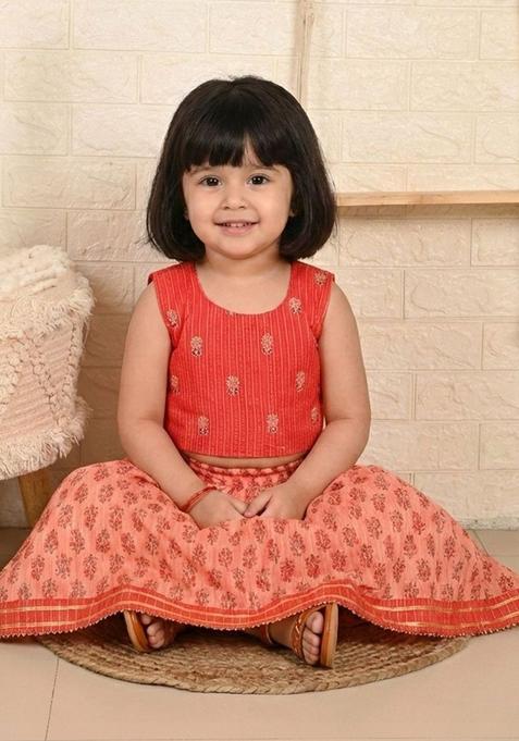 Peach Printed Cotton Lehenga Set For Girls — view on Indya