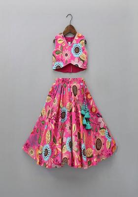 Pink Printed Polyester Lehenga Set For Girls
