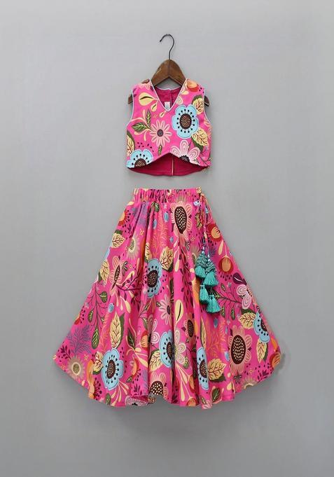Pink Printed Polyester Lehenga Set For Girls — view on Indya