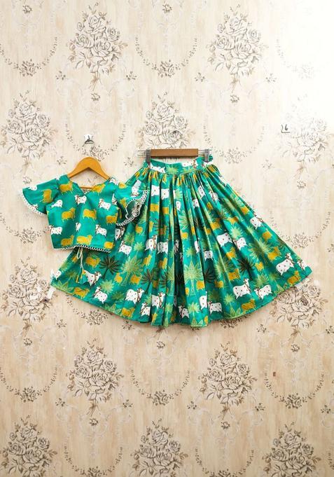 Green Printed Cotton Lehenga Set For Girls — view on Indya