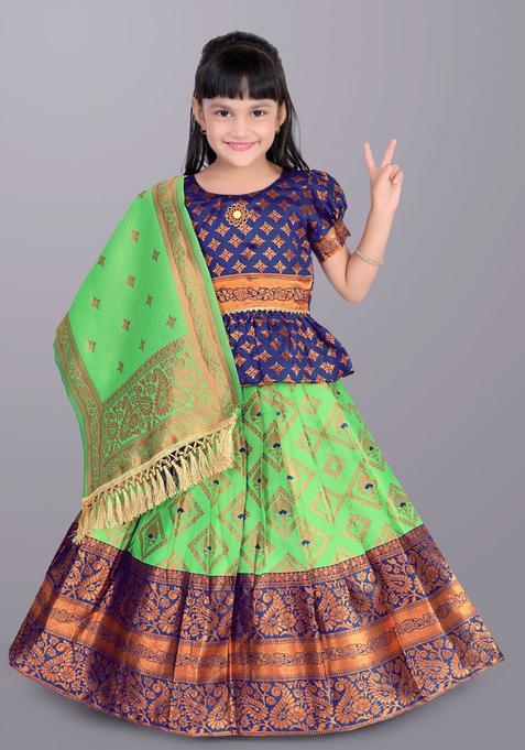 Green Woven Design Silk Lehenga Set For Girls — view on Indya