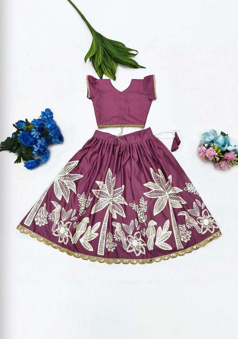 Maroon Printed Viscose Lehenga Set For Girls - Indya