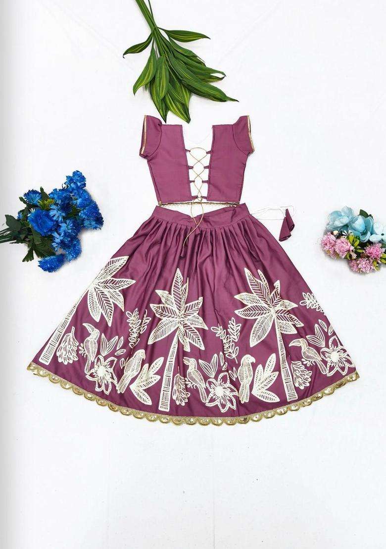 Maroon Printed Viscose Lehenga Set For Girls - Indya