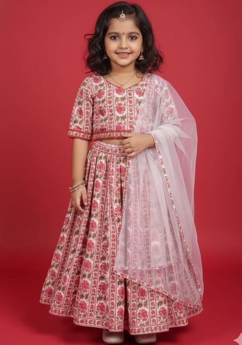 White Printed Cotton Lehenga Set For Girls — view on Indya