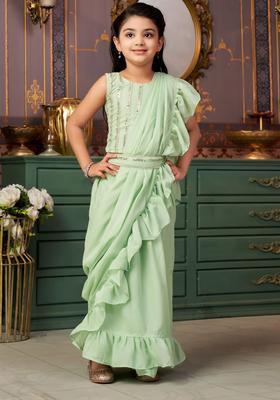 Green Embroidered Georgette Lehenga Set For Girls