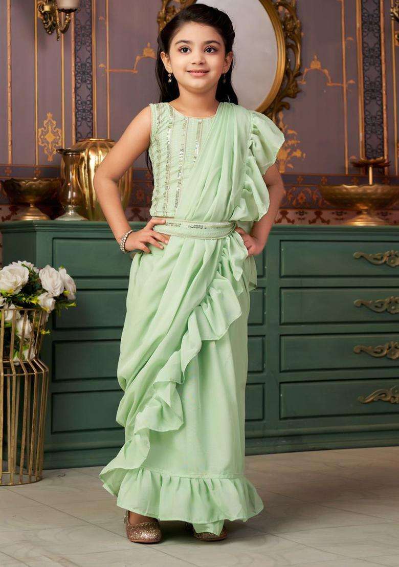 Green Embroidered Georgette Lehenga Set For Girls - Indya