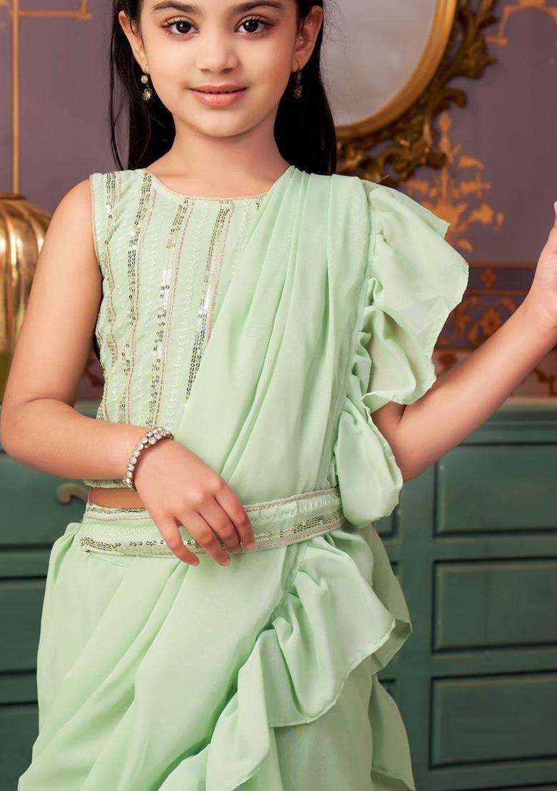 Green Embroidered Georgette Lehenga Set For Girls - Indya