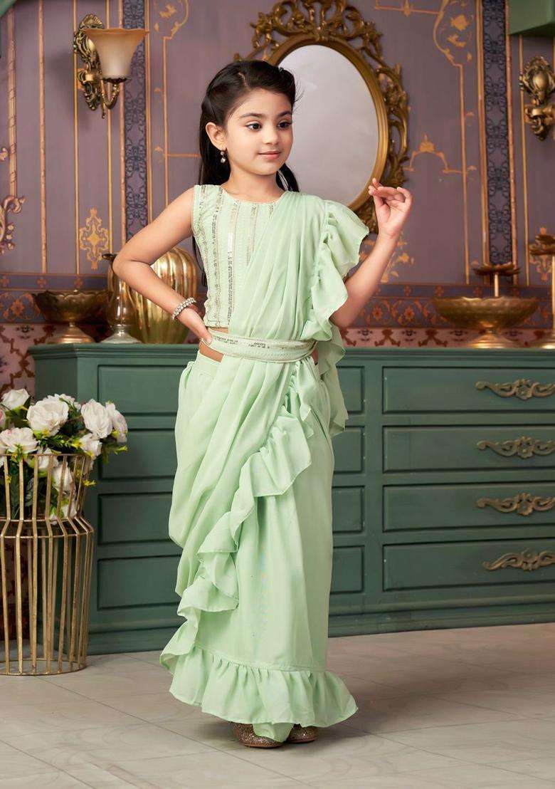Green Embroidered Georgette Lehenga Set For Girls - Indya