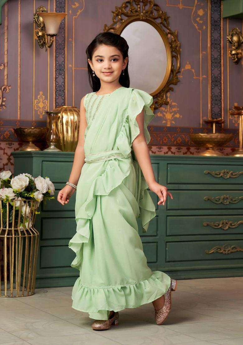Green Embroidered Georgette Lehenga Set For Girls - Indya