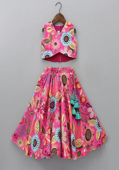 Pink Printed Polyester Lehenga Set For Girls — view on Indya
